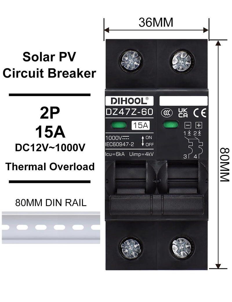 DIHOOL DC Circuit Breaker 15 Amp Solar Disconnect Switch 2P 12-1000V for PV, UPS, RV Battery,DIN Rail Mount - Image 2